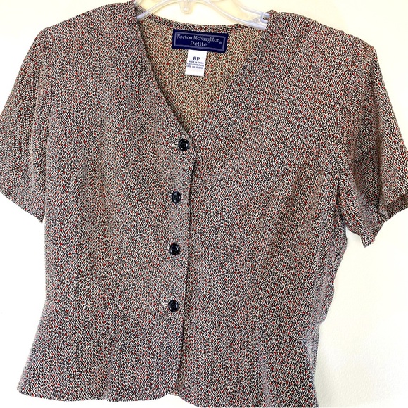 SALE. 100% Silk Norton McNaughton 80's Inspired Peplum Blouse, Size 8P - Picture 1 of 11